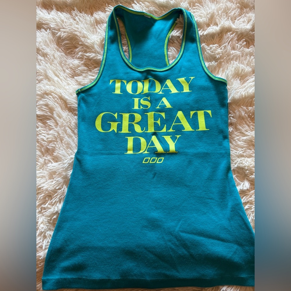 Lorna Jane: Teal Tank Top with Yellow Trim- Graphic, Small